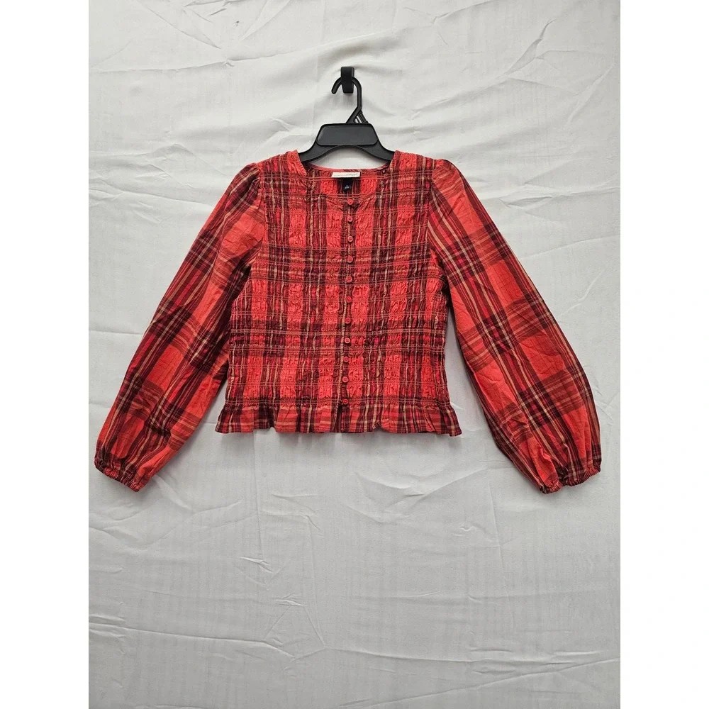Universal Thread Red Plaid Smocked‎ Button Front Blouse Top 013 02 8459 Mens M